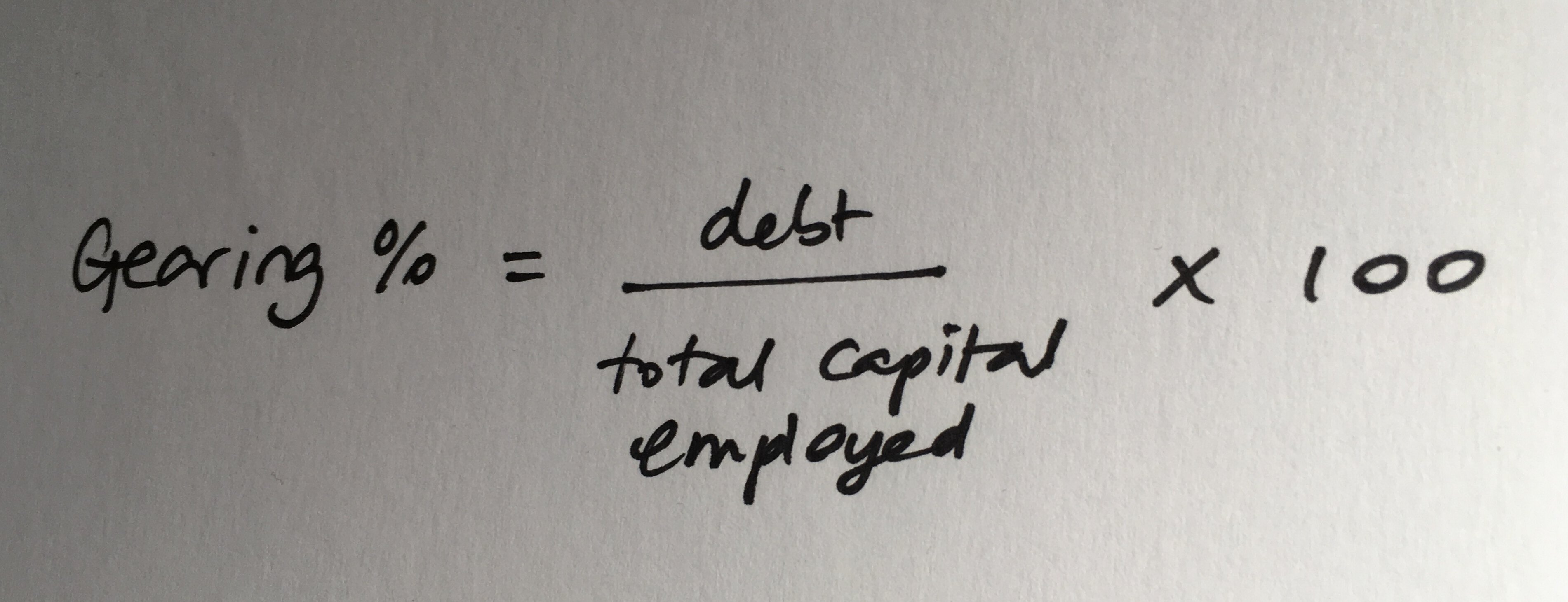 Gearing % = debt/total capital employed x 100