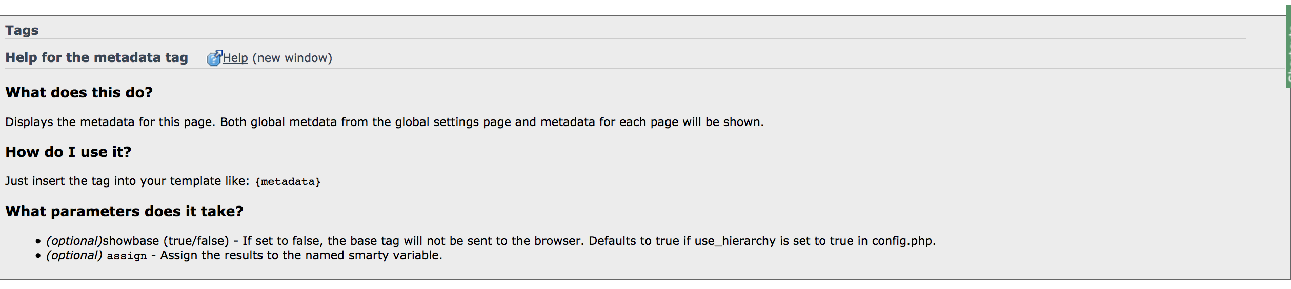 Documentation about the metadata tag