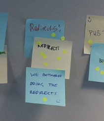 redirector post-it gets lots of votes at retrospective