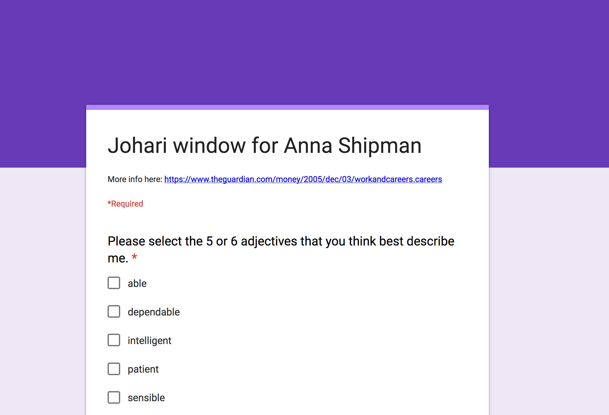 Screenshot of the Google form